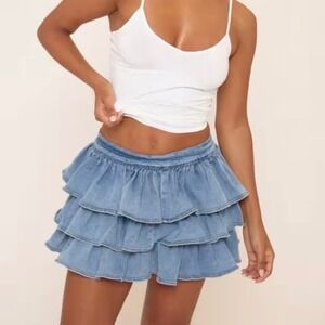 SEASPICE Denim Tiered Ruffle Mini Skirt Blue Size S‎ Resort Wear Boho Flirty